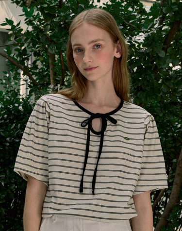 Ribbon Stripe Puff Sleeve T-shirt - Black