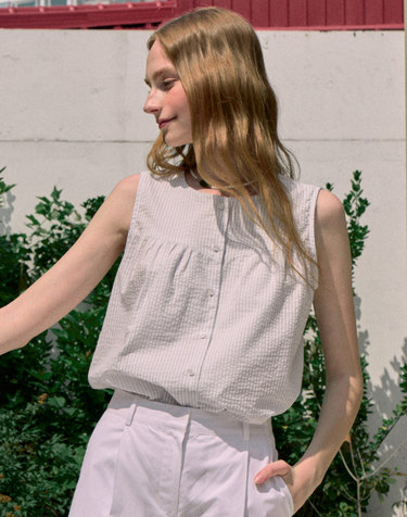 Julia Shirring Sleeveless Blouse - Light Blue