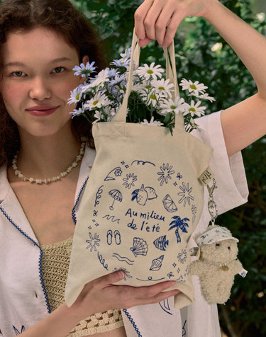 [논로컬 X 이하여백] Seaside Hand Drawing Eco Bag - Cream