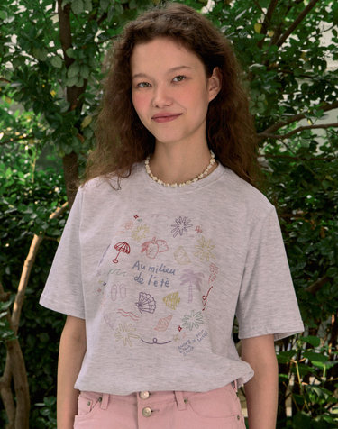 [논로컬 X 이하여백] Coloring Seaside Hand Drawing T-shirt - Light Grey