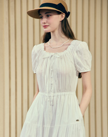 Sophia Ribbon Shirring Banding Dress - White