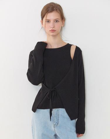 Cut Out Diagonal Wrap Knit - Black