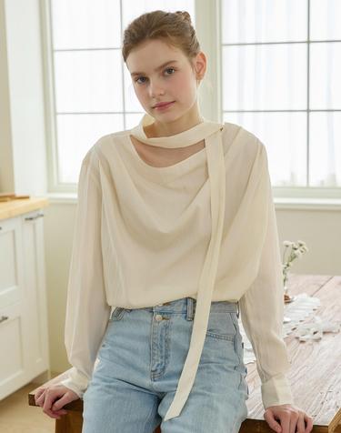 Draped Neck Tie Blouse - Cream Yellow