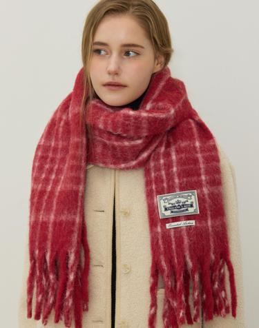 Wool Blended Line Checked Muffler - Red
