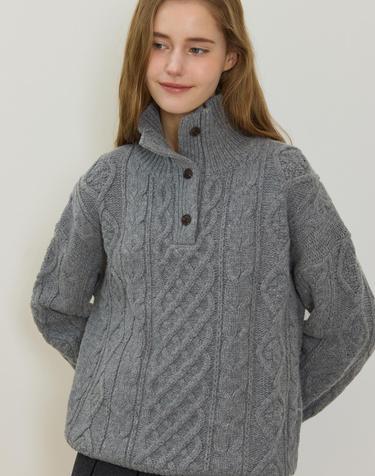 Mixed Cable High Neck Open Collar knit - Grey