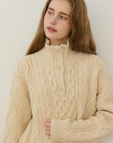 Mixed Cable High Neck Open Collar knit - Ivory