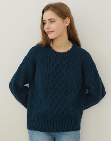 Mixed Cable Shetland Wool Knit - Navy Green