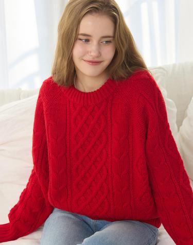 Mixed Cable Shetland Wool Knit - Red