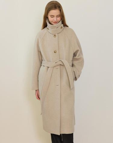 Raglan Belted Wool Long Coat - Oat Beige