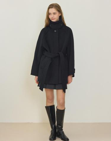 Raglan Belted Wool Half Coat - Black