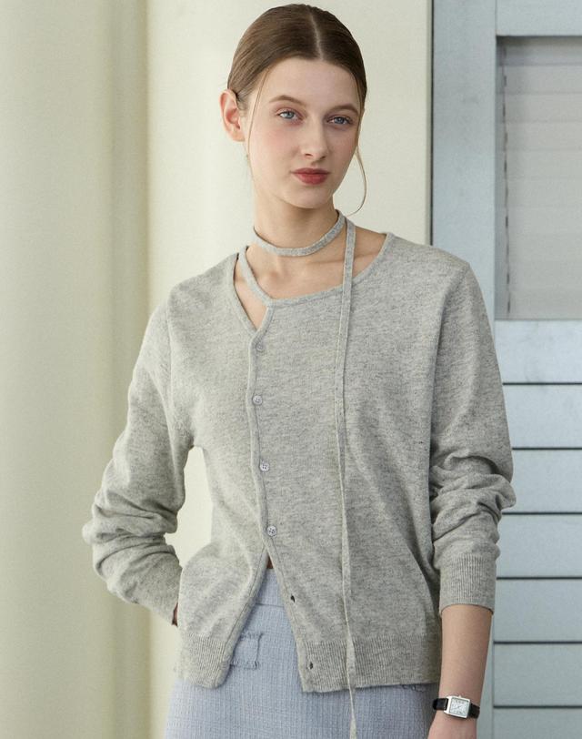 논로컬 Cut Out Detachable Tie Knit Top - Melange Grey 착용컷