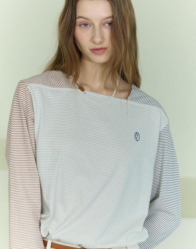 논로컬 Boat Neck Multi Stripe Long Sleeve - Multi 착용컷