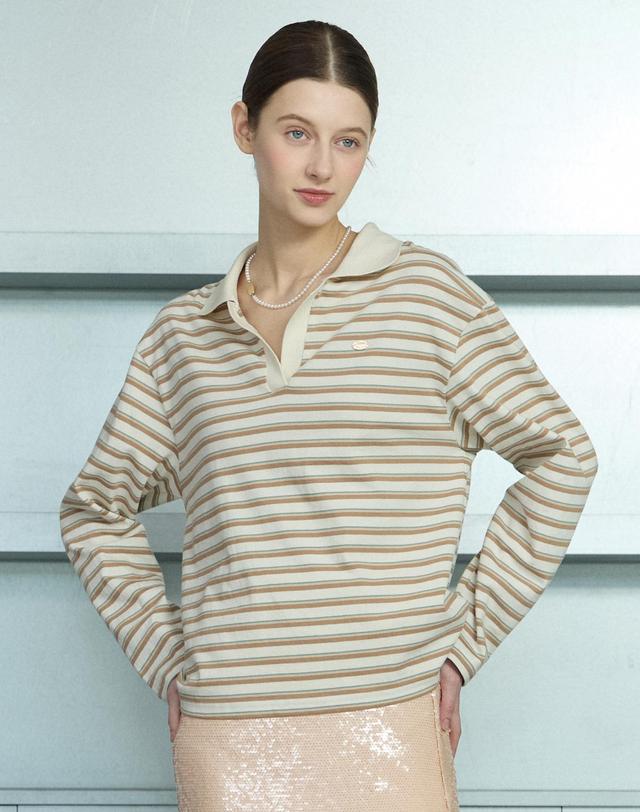 논로컬 Open Collar Stripe Long Sleeve - Light Beige 착용컷