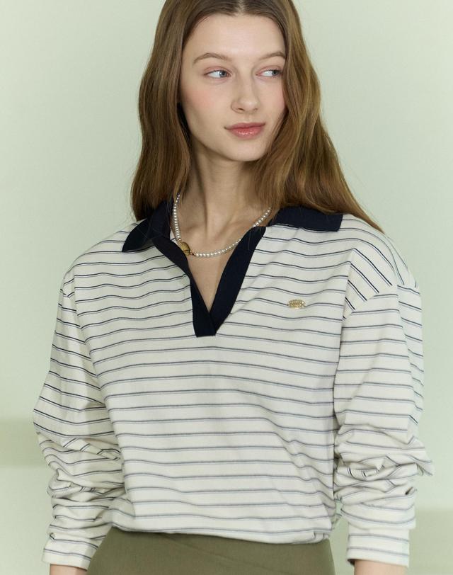 논로컬 Open Collar Stripe Long Sleeve - Navy 착용컷