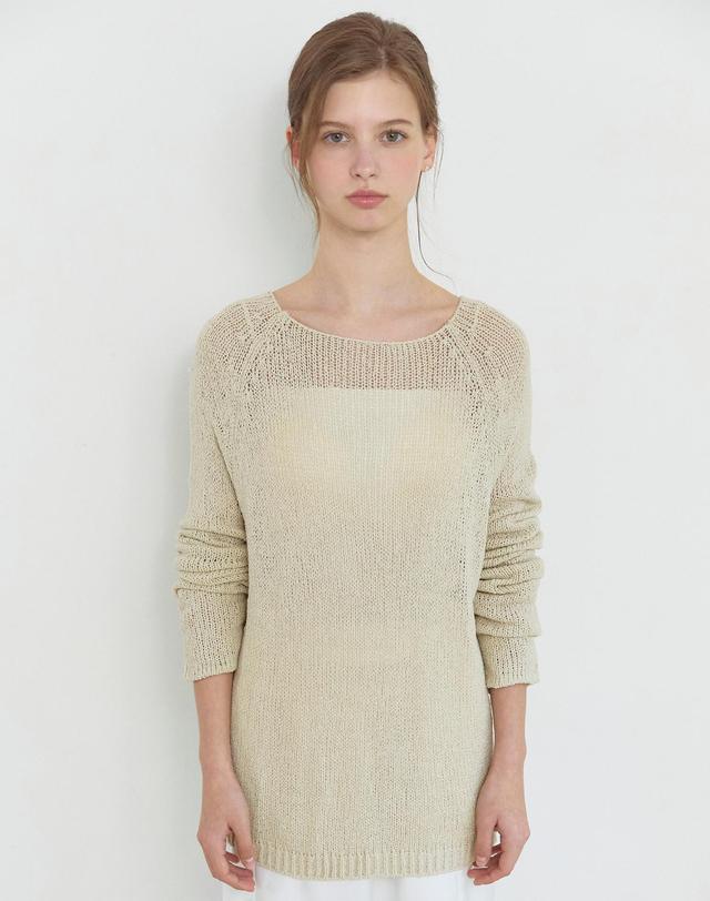 논로컬 Boat Neck Bookle Netted Knit Top - Light Beige 착용컷