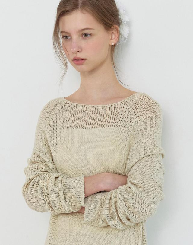 논로컬 Boat Neck Bookle Netted Knit Top - Light Beige 착용컷
