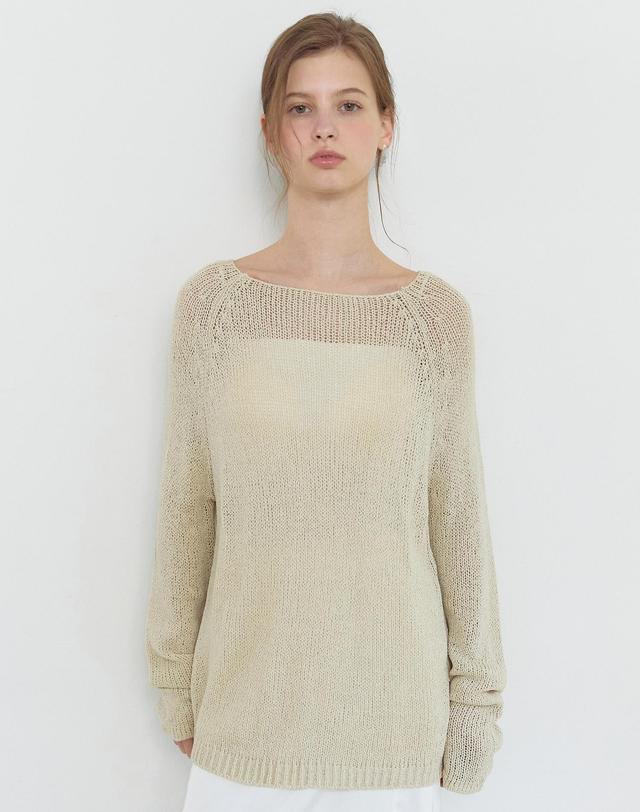 논로컬 Boat Neck Bookle Netted Knit Top - Light Beige 착용컷