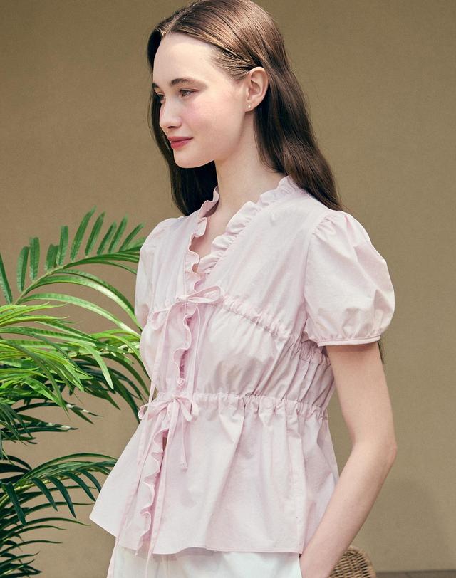 논로컬 Ribbon Shirring Puff Sleeve Blouse - Pink 착용컷