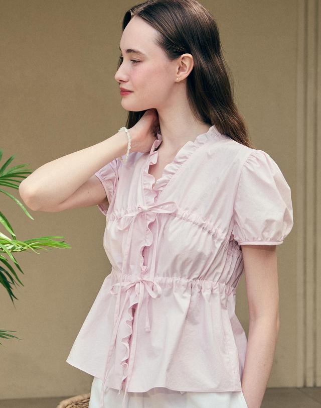 논로컬 Ribbon Shirring Puff Sleeve Blouse - Pink 착용컷