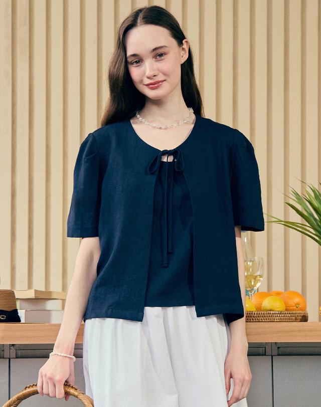 논로컬 Linen Half Sleeve Cardigan - Navy 착용컷
