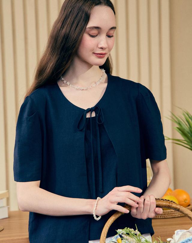논로컬 Linen Half Sleeve Cardigan - Navy 착용컷