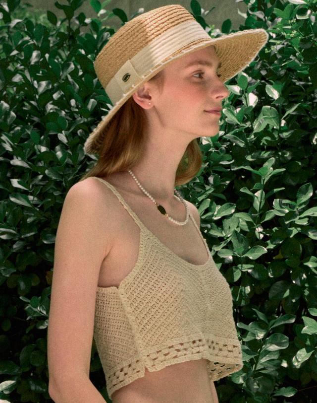 논로컬 Line Point Rattan Boater Hat - Light Beige 착용컷