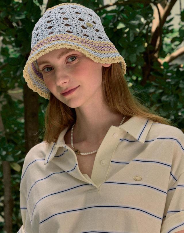 논로컬 Color Block Knit Bucket Hat - Blue 착용컷