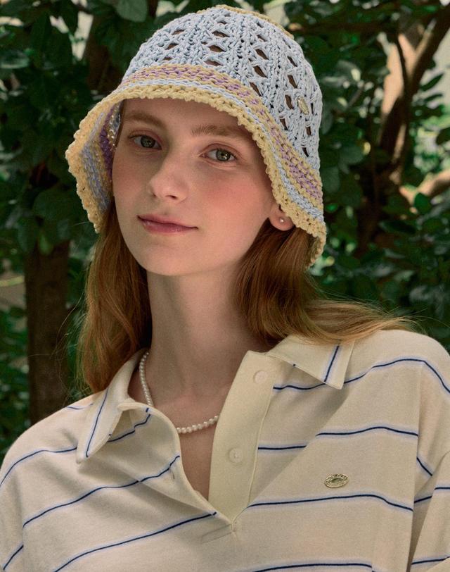 논로컬 Color Block Knit Bucket Hat - Blue 착용컷