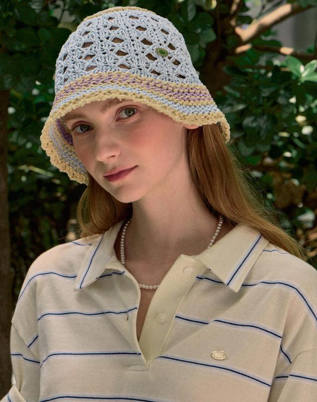 논로컬 Color Block Knit Bucket Hat - Blue 착용컷