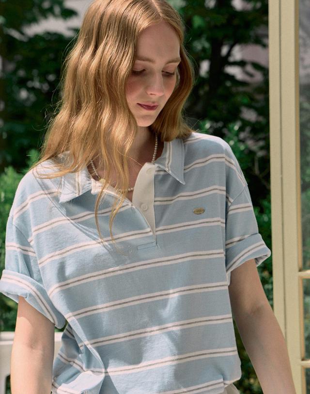 논로컬 Multi Stripe Over-fit Collar T-shirt - Light Blue 착용컷