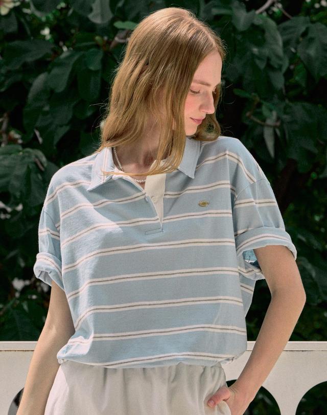 논로컬 Multi Stripe Over-fit Collar T-shirt - Light Blue 착용컷