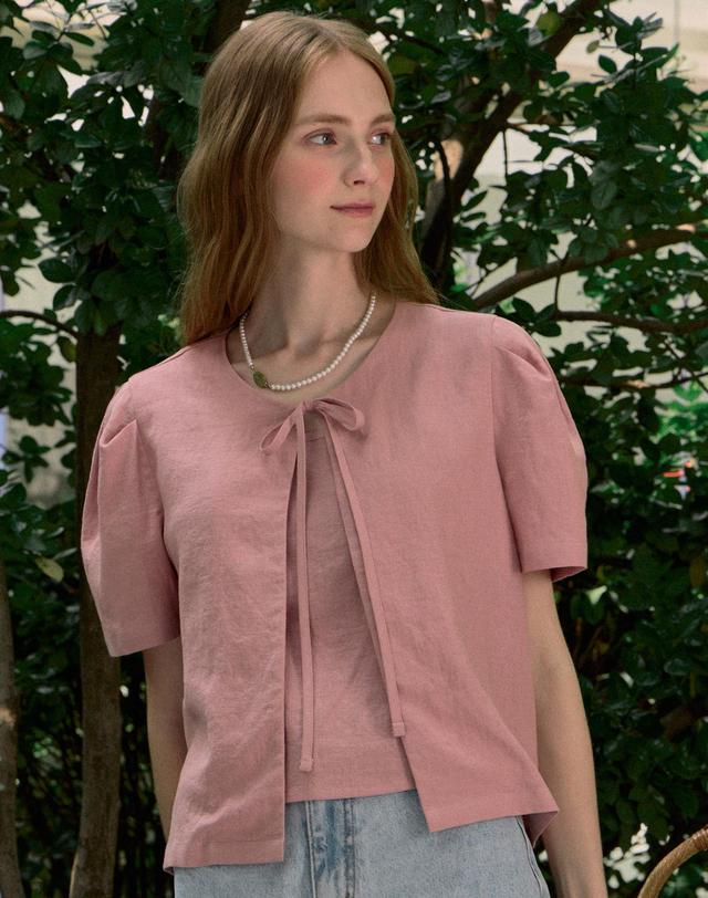 논로컬 Linen Half Sleeve Cardigan - Indi Pink 착용컷