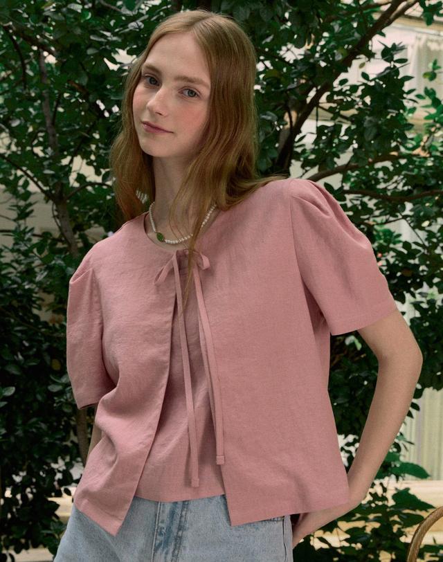 논로컬 Linen Half Sleeve Cardigan - Indi Pink 착용컷