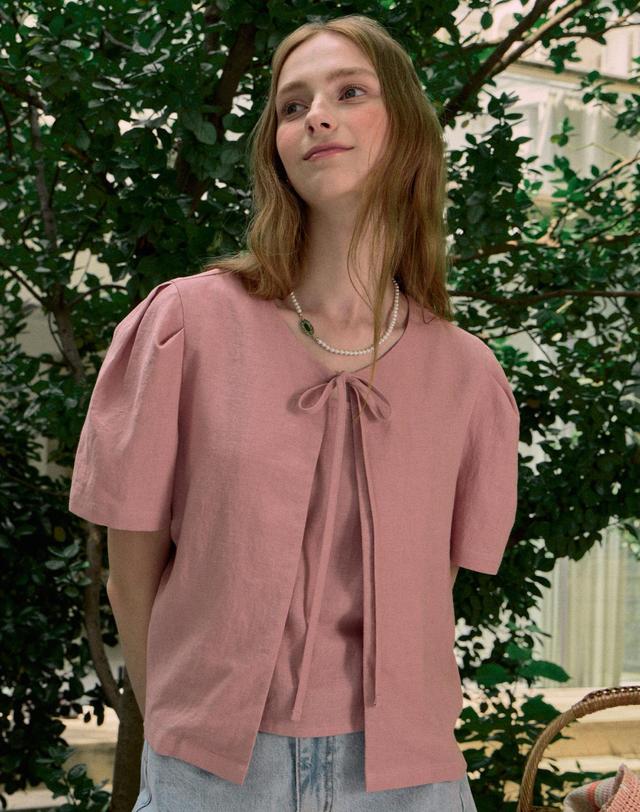 논로컬 Linen Half Sleeve Cardigan - Indi Pink 착용컷