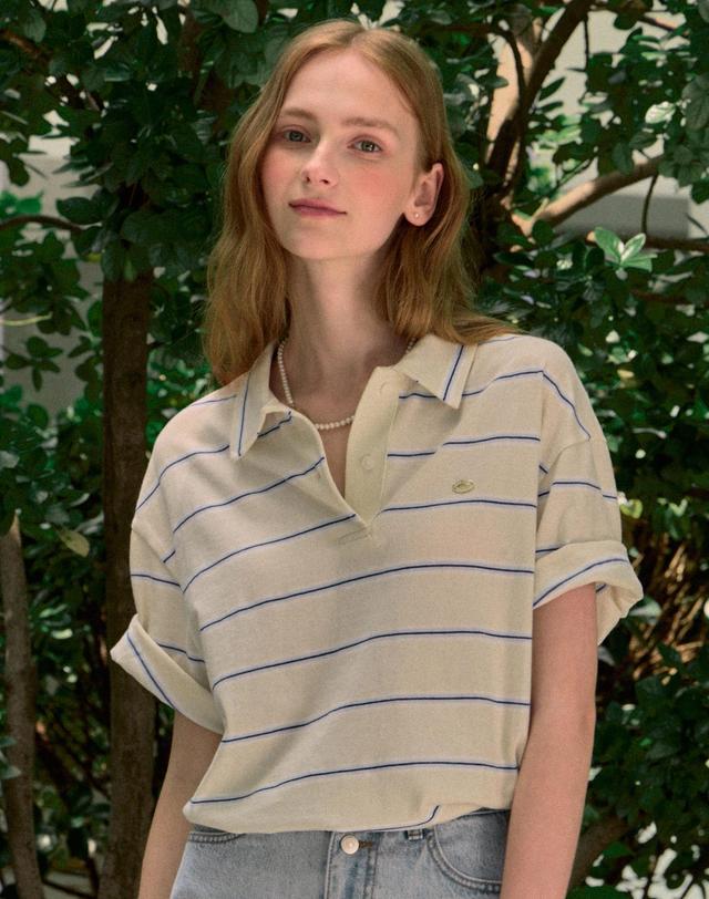 논로컬 Multi Stripe Over-fit Collar T-shirt - Cream Yellow 착용컷
