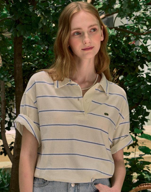 논로컬 Multi Stripe Over-fit Collar T-shirt - Cream Yellow 착용컷