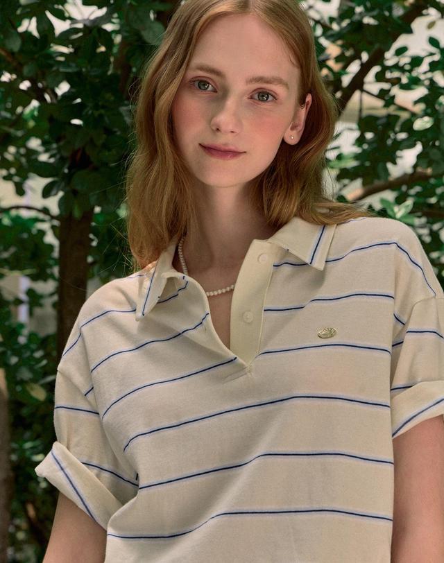 논로컬 Multi Stripe Over-fit Collar T-shirt - Cream Yellow 착용컷