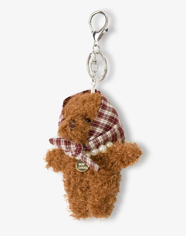 논로컬 Checked Hair Kerchief Bear keyring - Brown 착용컷