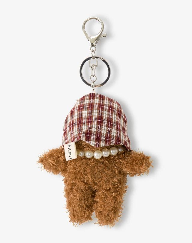 논로컬 Checked Hair Kerchief Bear keyring - Brown 착용컷