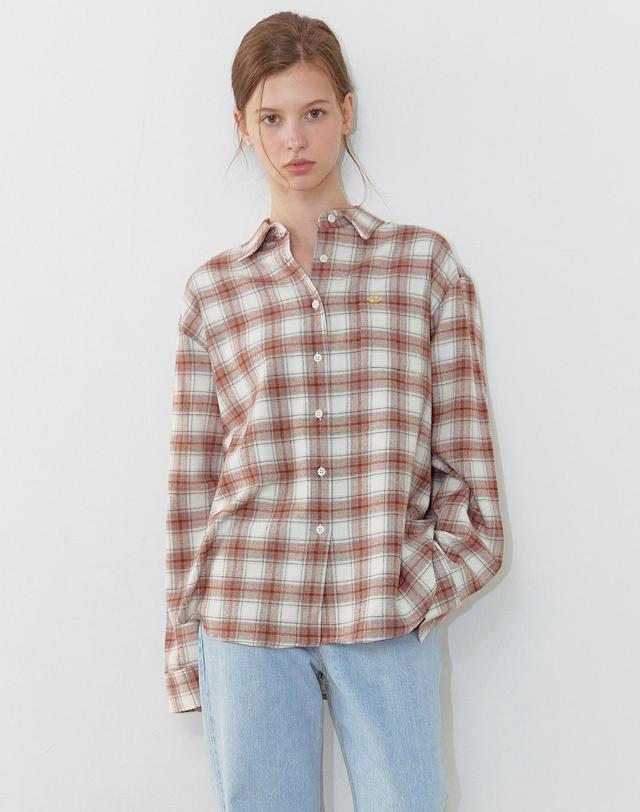 논로컬 Oversize Napping Checked Shirt - Orange Brown 착용컷