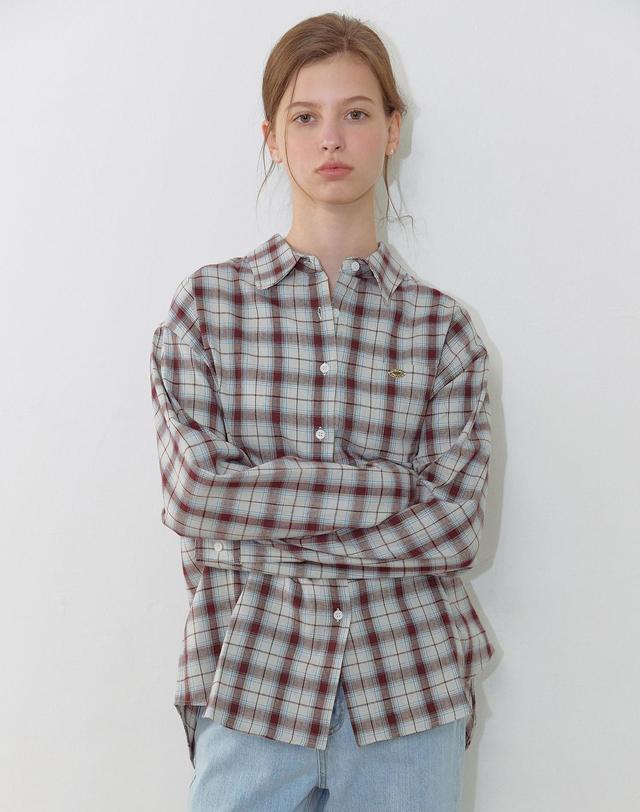 논로컬 Oversize Checked Shirt - Beige Burgundy 착용컷