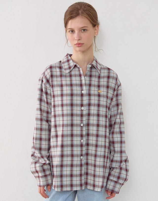논로컬 Oversize Checked Shirt - Beige Burgundy 착용컷
