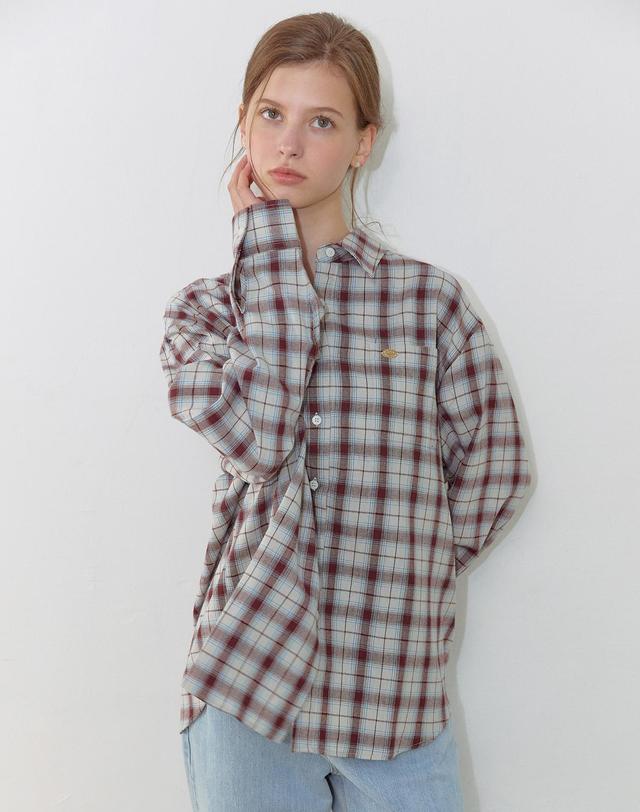 논로컬 Oversize Checked Shirt - Beige Burgundy 착용컷