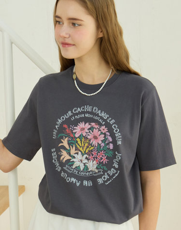 [논로컬 X 설찌] Bouquet Hand-Drawing T-Shirt - Charcoal Grey