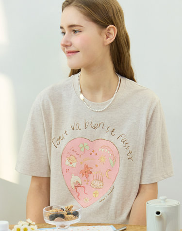 [논로컬 X 설찌] Coloring Heart Hand-Drawing T-Shirt - Oatmeal