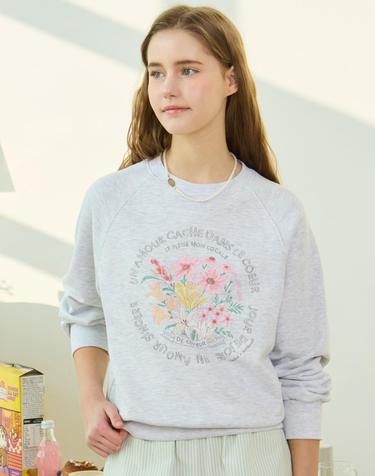 [논로컬 X 설찌] Bouquet Hand-Drawing Sweatshirt - Melange Grey