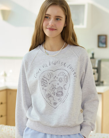 [논로컬 X 설찌] Line Heart Hand-Drawing Sweatshirt - Melange Grey