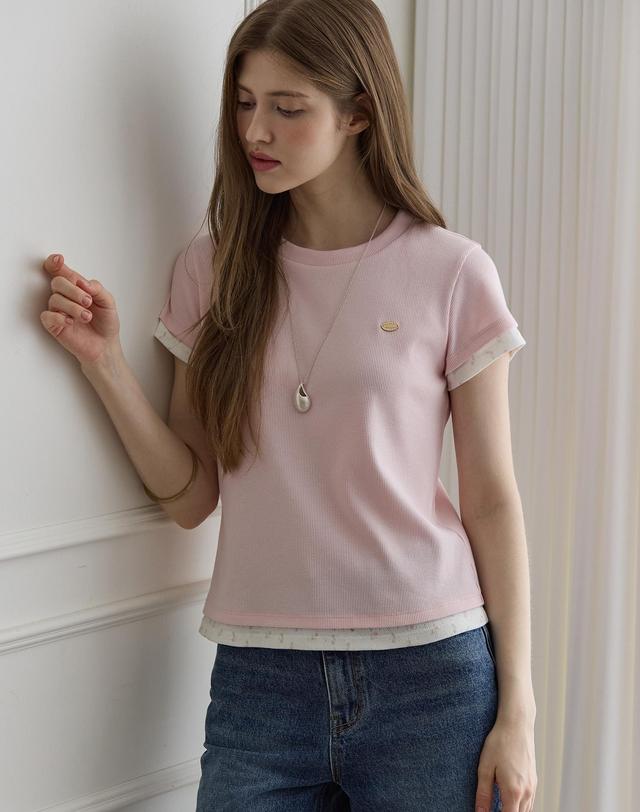 논로컬 플라워 패턴 레이어드 티셔츠 - Light Pink 착용컷