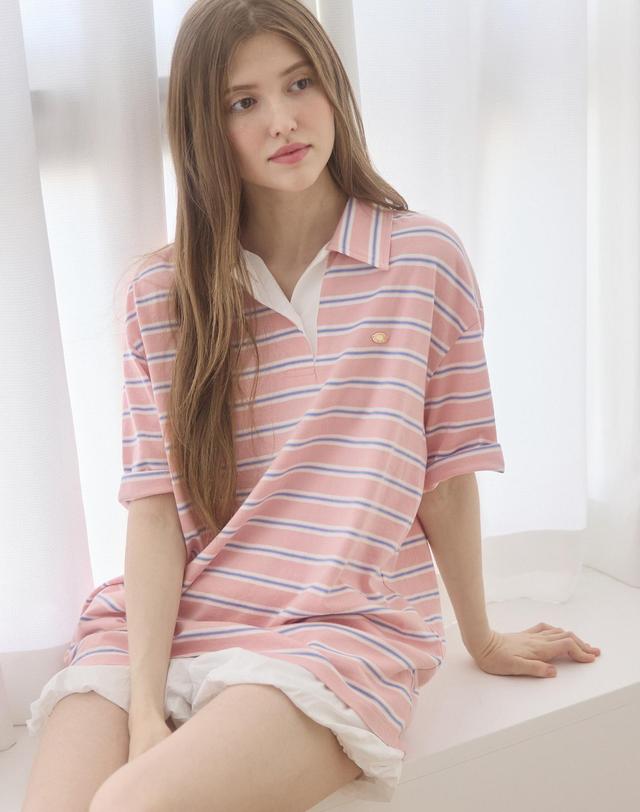 논로컬 멀티스트라이프 오버핏 카라 티셔츠 - Pink 착용컷