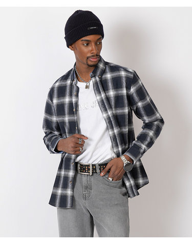 드롭 숄더 체크 셔츠 Drop Shoulder Check Shirt (NAVY_WHITE)